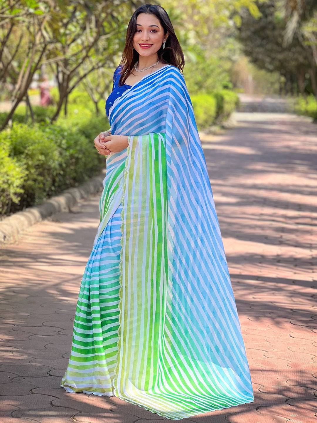 Beautiful Leheriya Saree featuring blue and green stripes