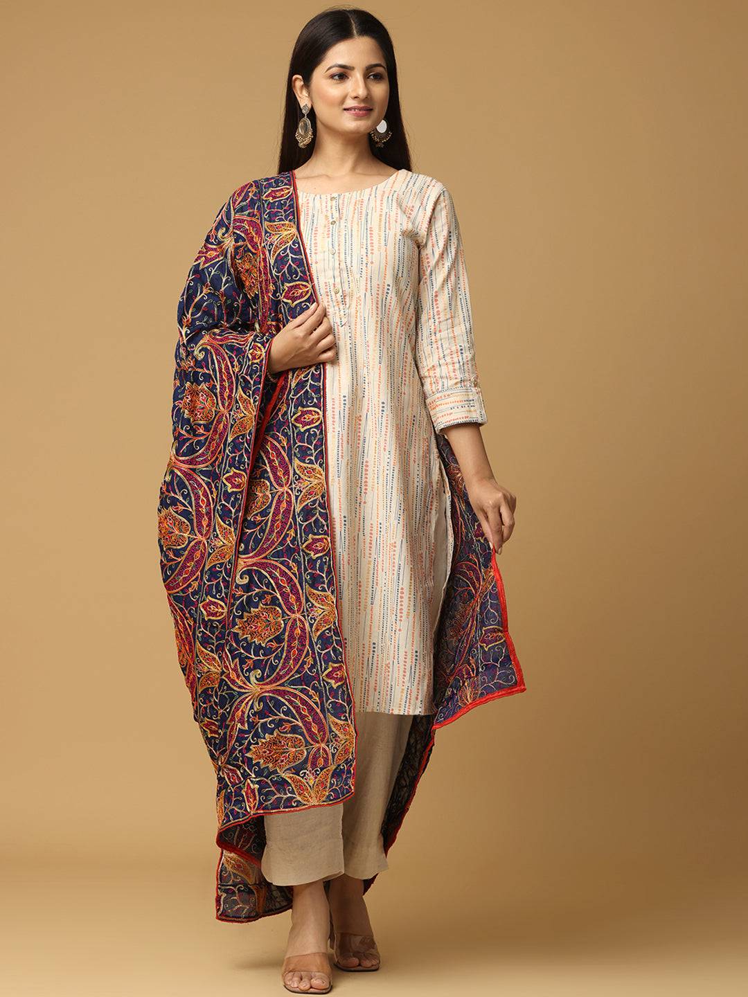 Stylish Navy Poly Chiffon Dupatta with Embroidery