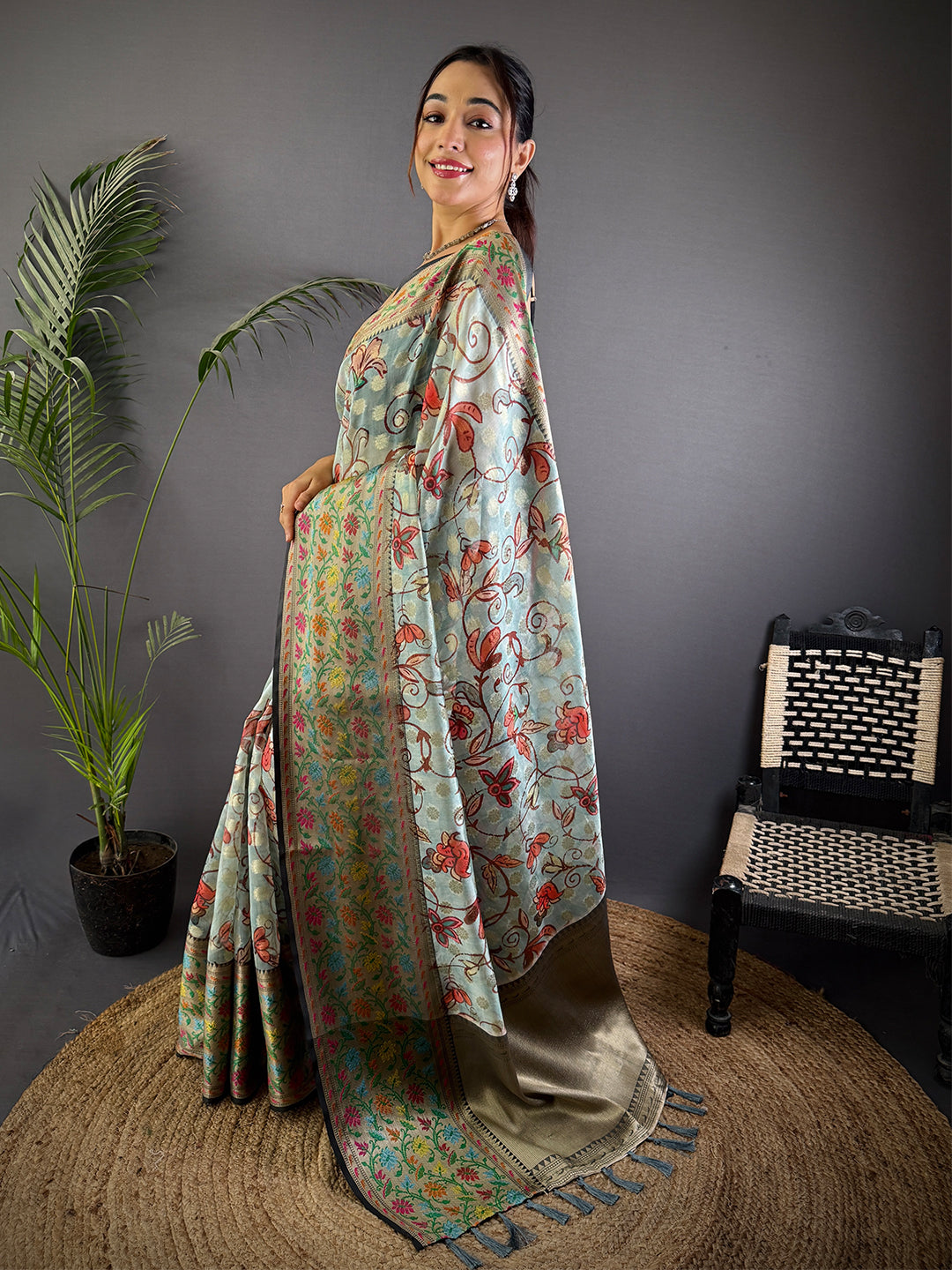 Sky Blue Kalamkari Printed Kora Tissue Saree