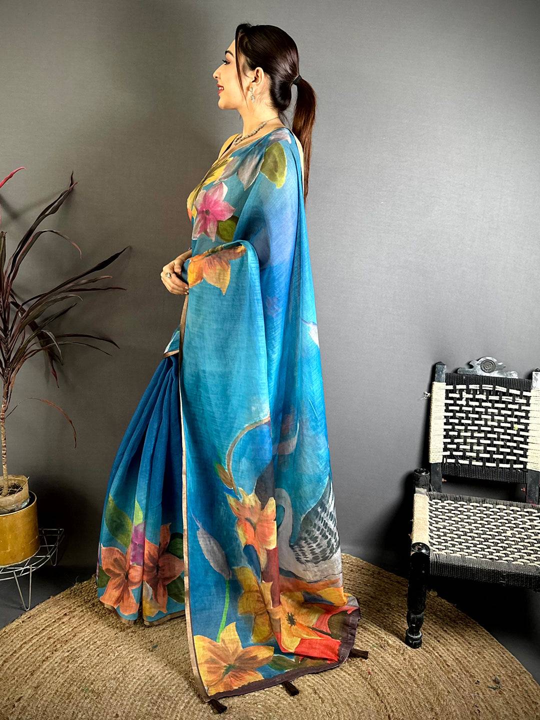 Traditional Kalamkari Linen Chanderi Saree