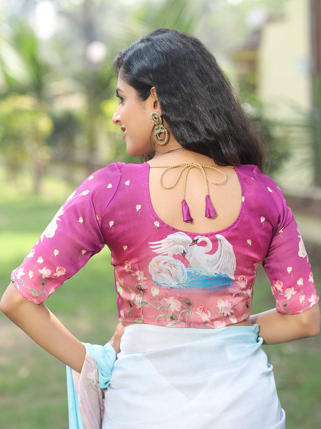 Latest Satin Georgette Sky Blue Colour Hand Print Saree