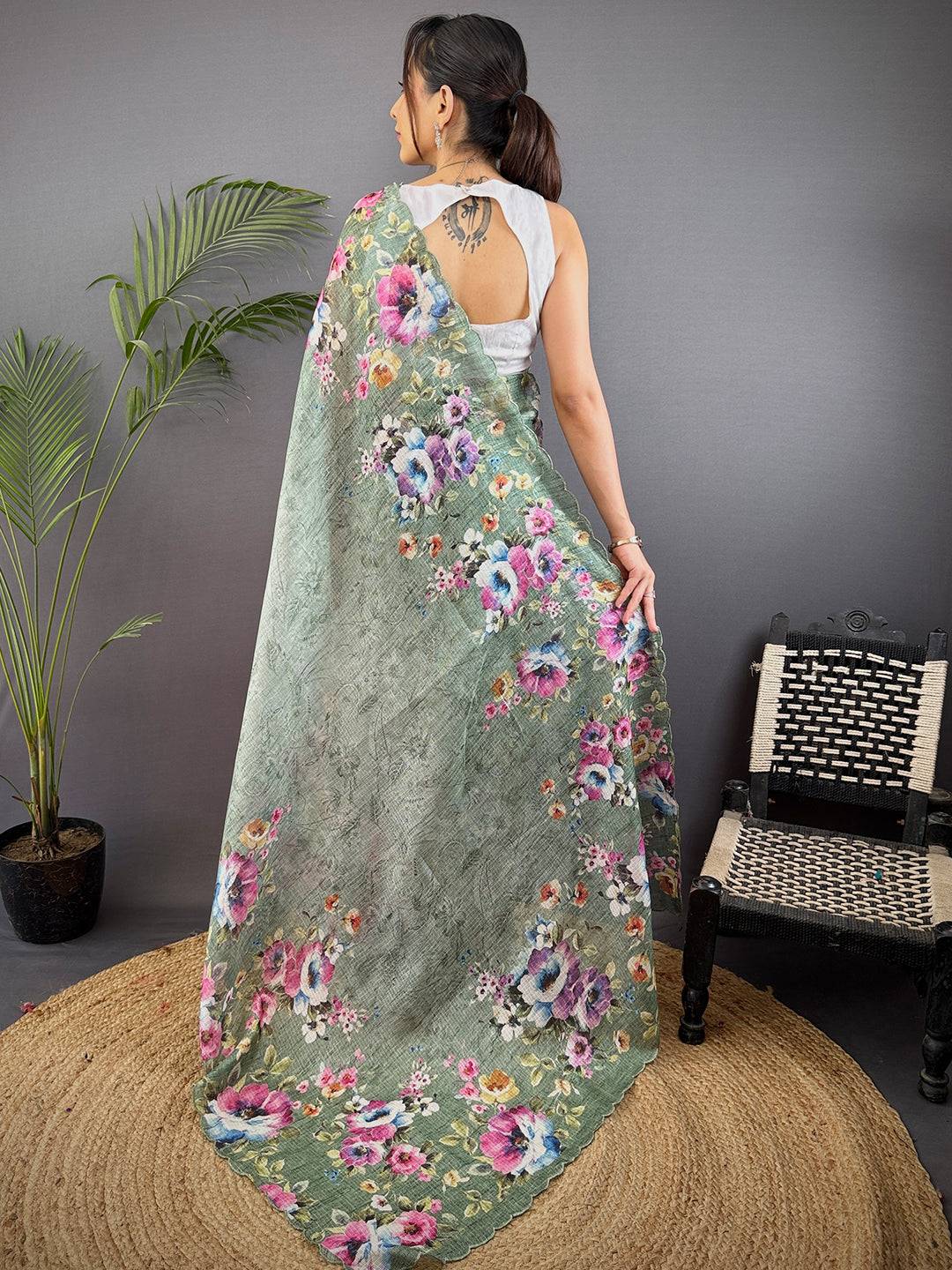Sage Green Kota Doriya Floral Cut Work Saree