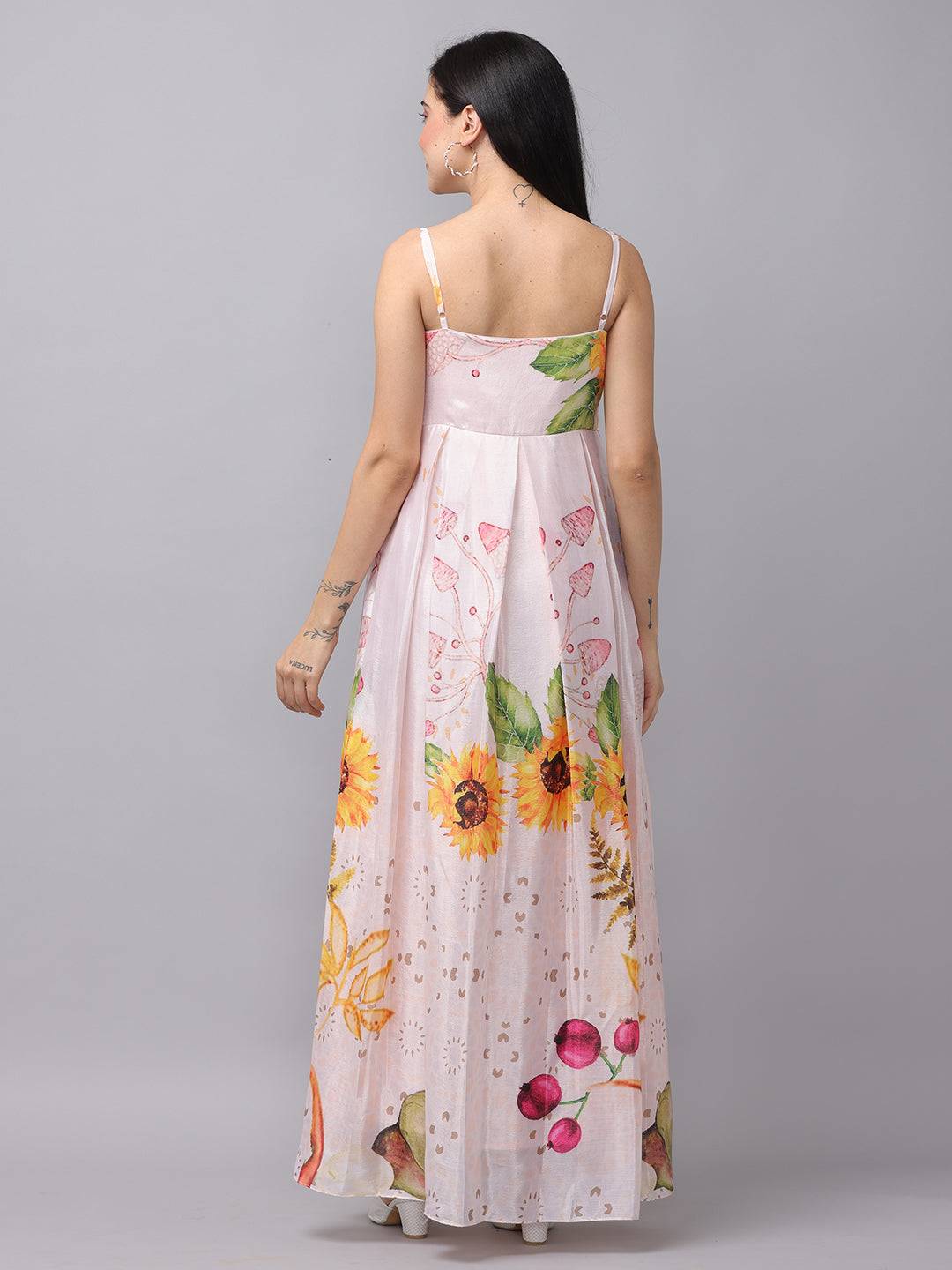 Floral chiffon dress with sweetheart neckline, back view