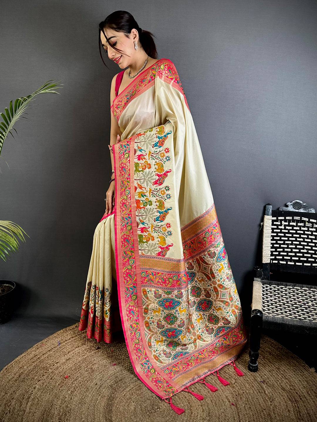 Cream Soft Semi Silk Minakari Weave Saree