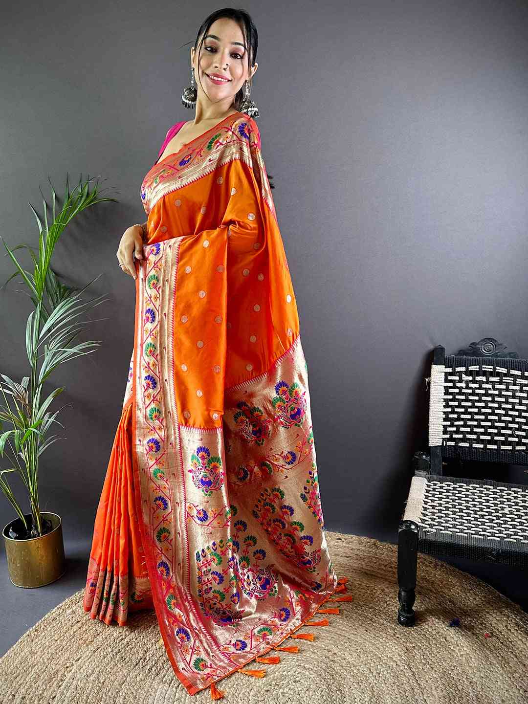 Orange Colour Yevla Paithani Soft Silk Saree