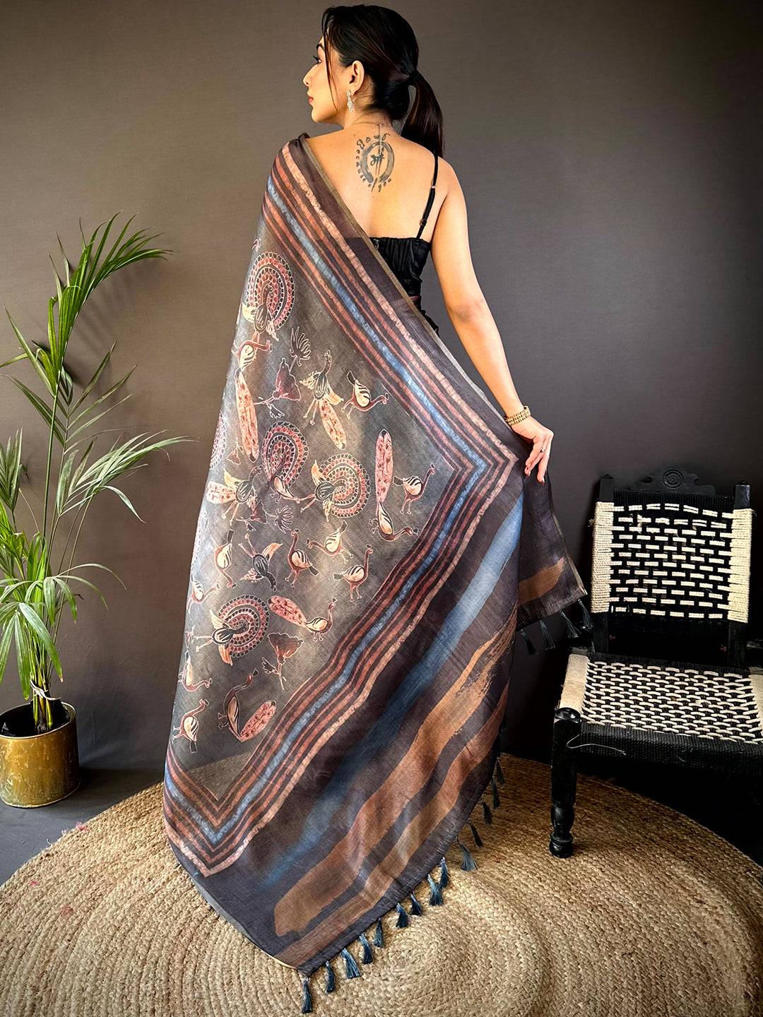Grey Chanderi Floral Kalamkari Digital Print Saree