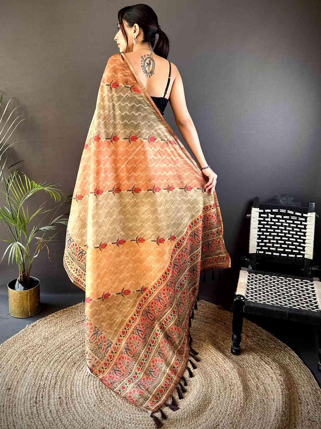 Beige Tissue Chanderi Geometric Floral Saree