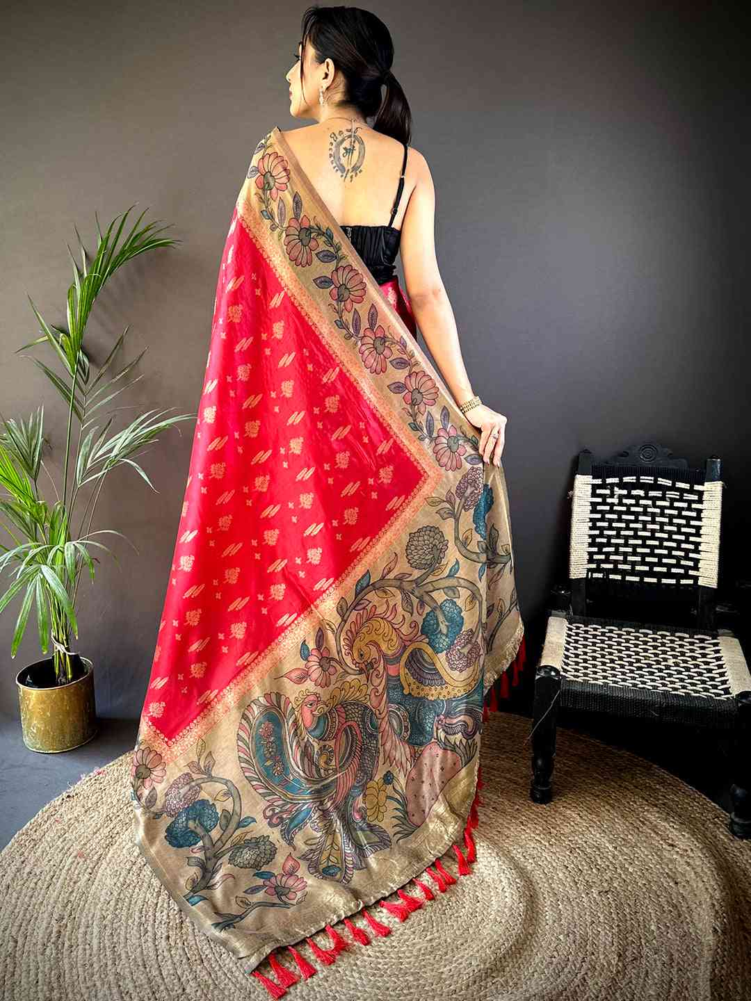 Red Soft Silk Kalamkari Printed Pallu Saree