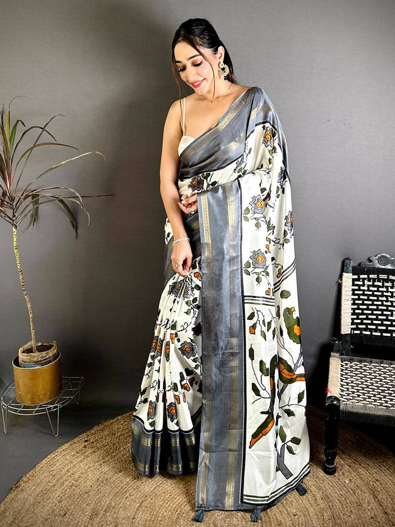 Grey Soft Dola Floral Print Gadwal Border Saree