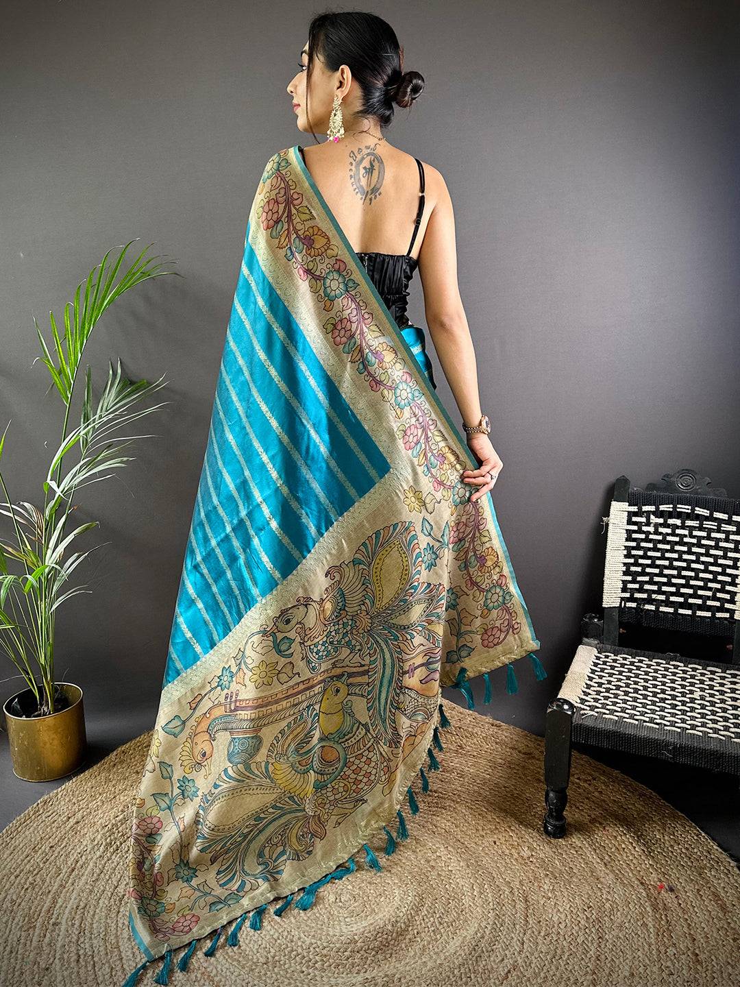 Sky Blue Geometric Zari And Kalamkari Silk Saree