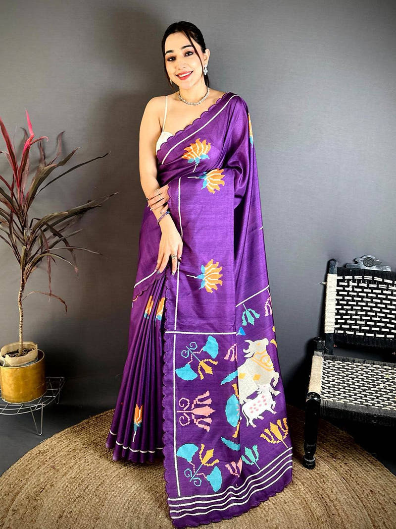 Classic Purple Tussar Thread Work Saree