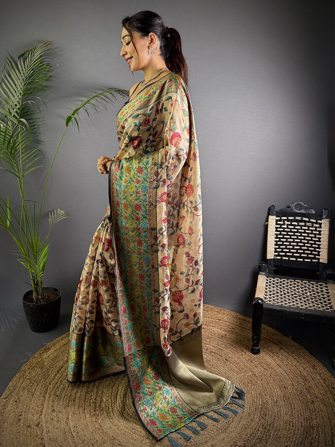 Beige Kalamkari Printed Kora Tissue Saree