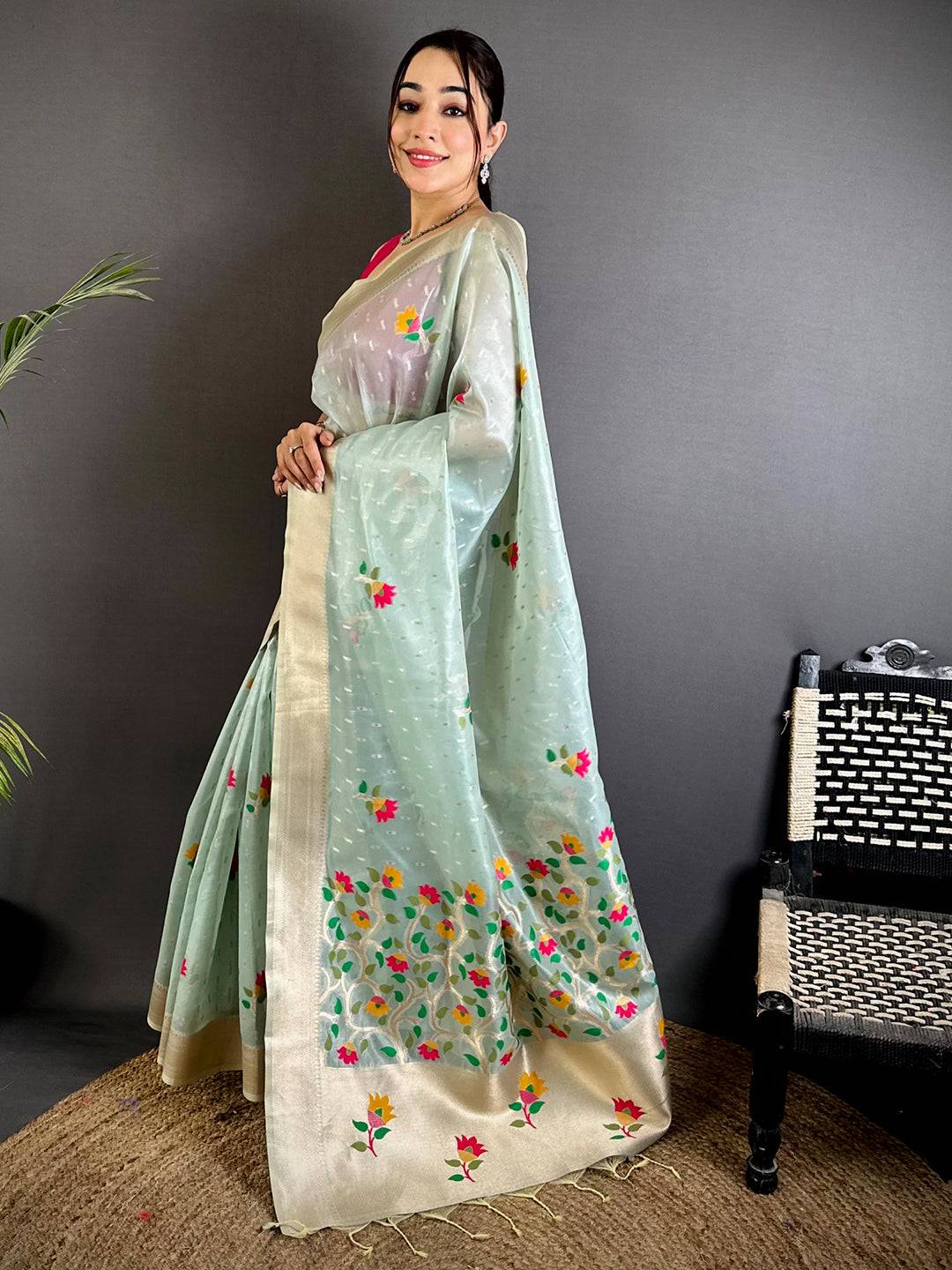 Mint Green Soft Organza Paithani Saree