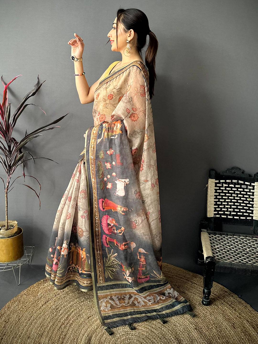 Majestic Pen Kalamkari Digital Linen Saree
