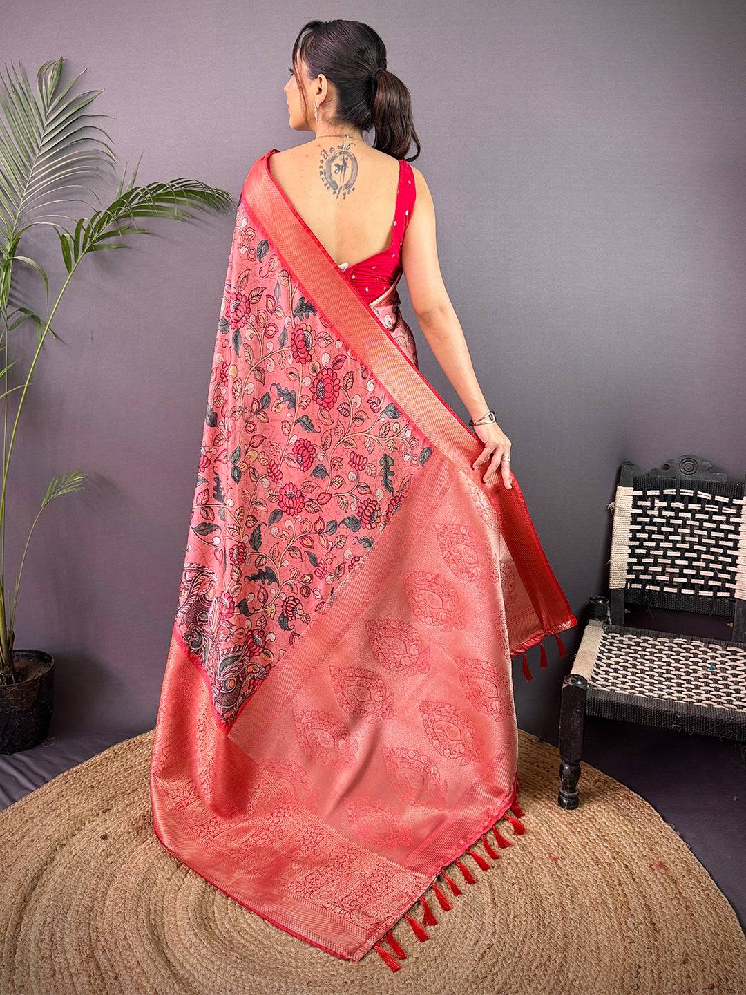 Dark Peach Cherry Satin Kalamkari Saree
