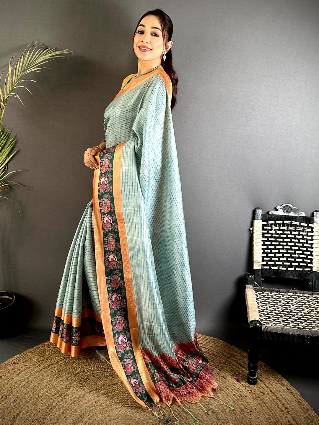 Sage Green Tanjore Print Silk Saree