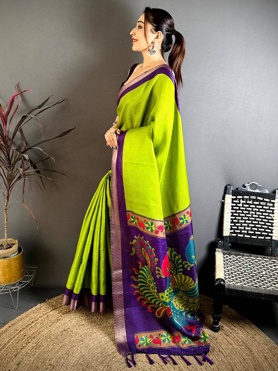 Parrot Green Tussar Zari Chex Kalamkari Saree