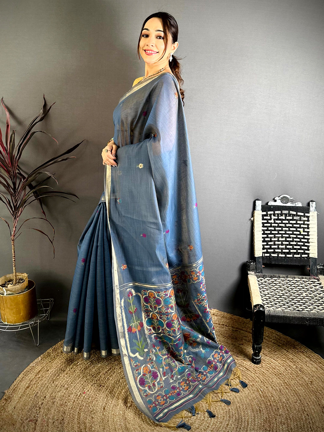 Navy Minakari Khadi Cotton Saree