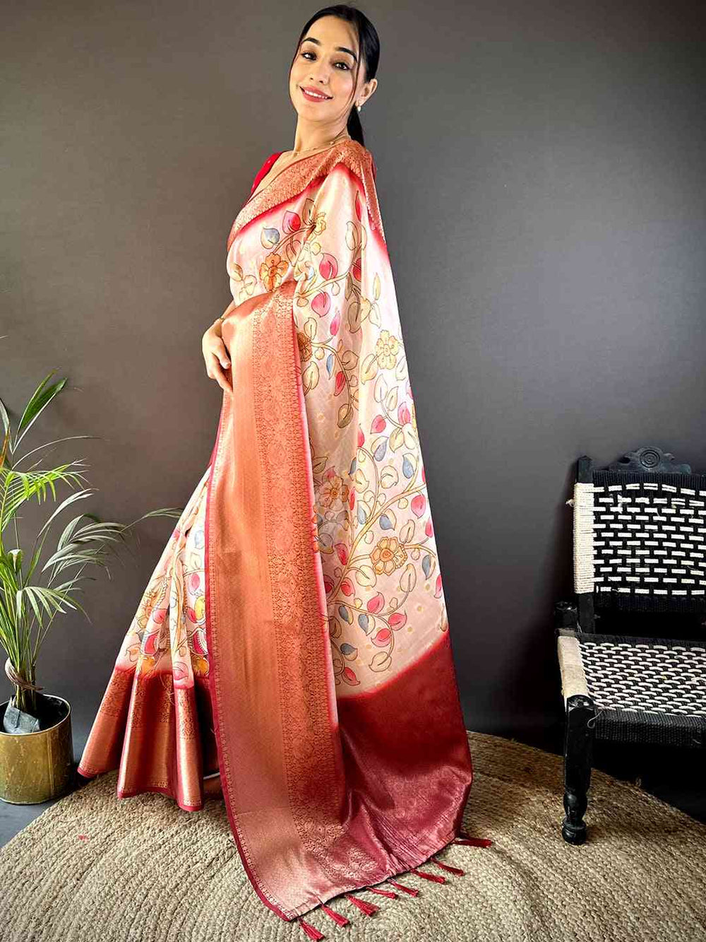 White Floral Kalamkari Kota Doriya Saree