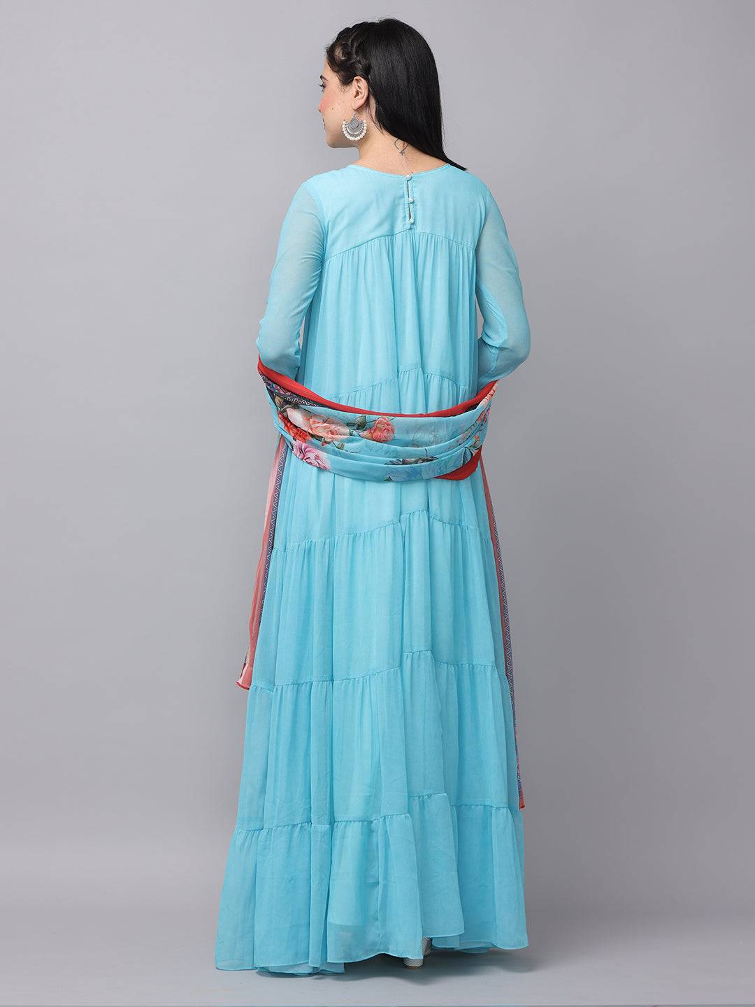 Back view of powder blue long dress with dupatta