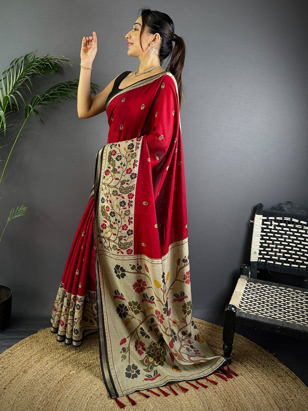 Red Pure Cotton Viscose Kalamkari Print Saree