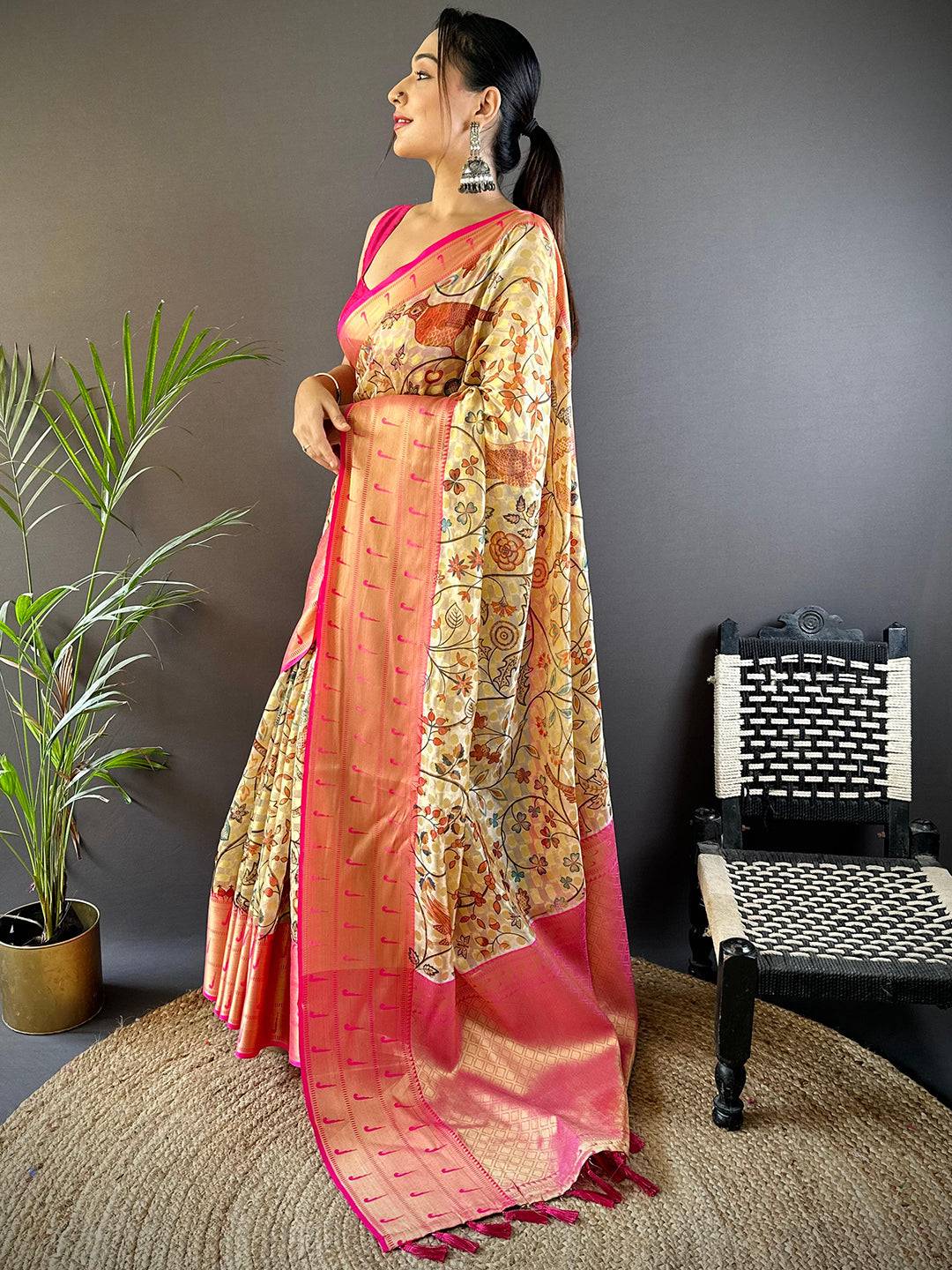 Golden Beige Paithani Kora Silk Saree