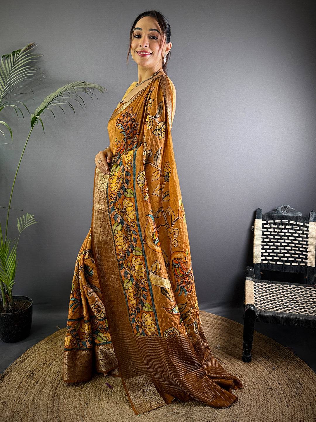 Bronze Kalalmkari Printed Viscose Saree