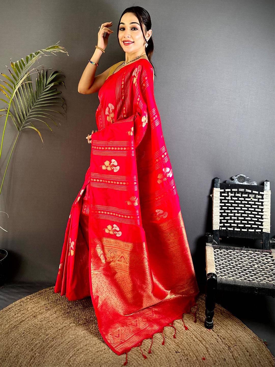 Red Sona Chandi Striped Silk Saree