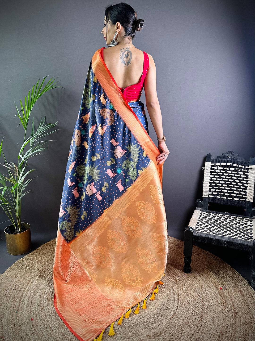 Navy Satin Pichwai Print Saree