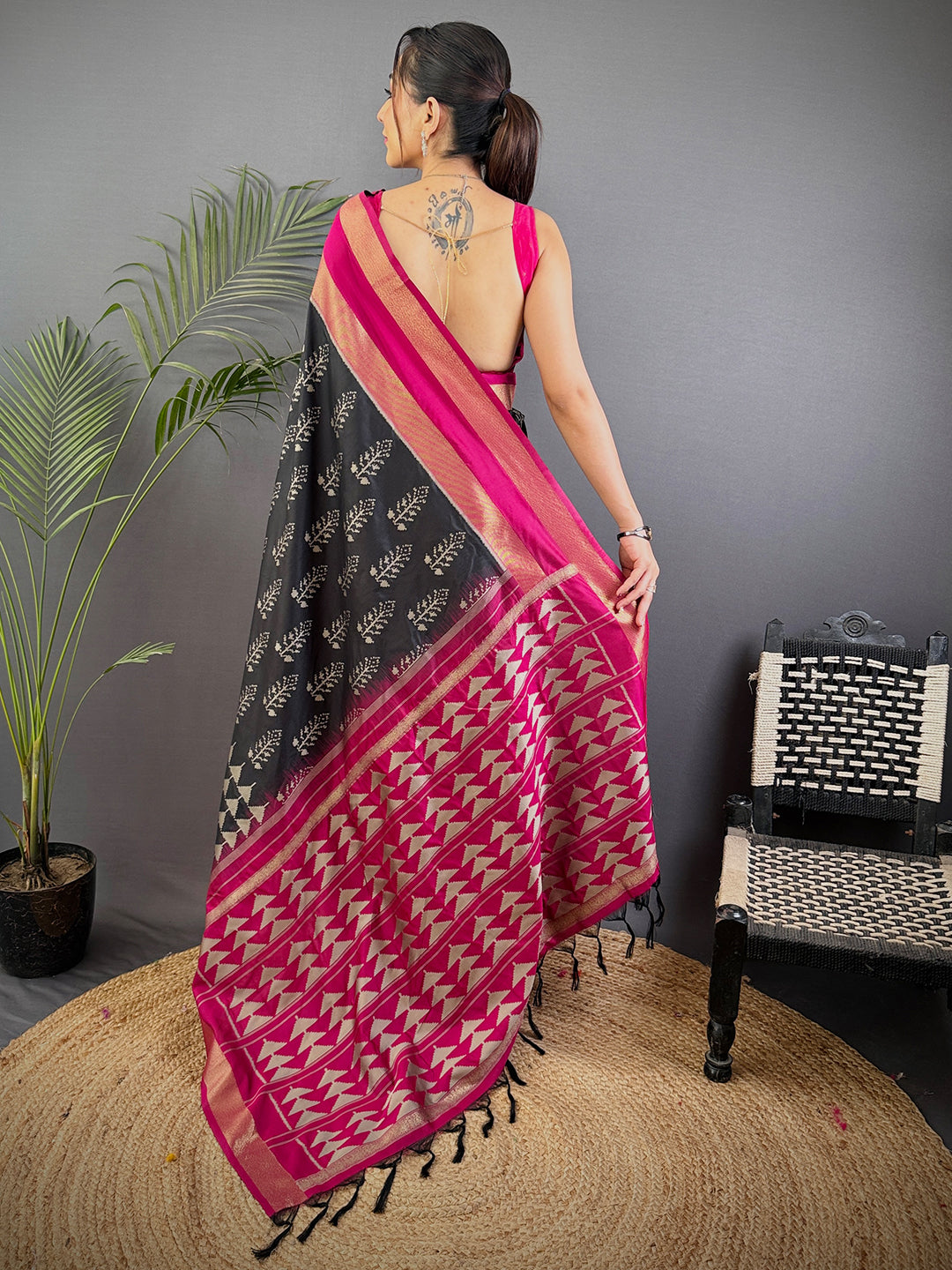 Radiant Black Soft Silk Ikkat Saree