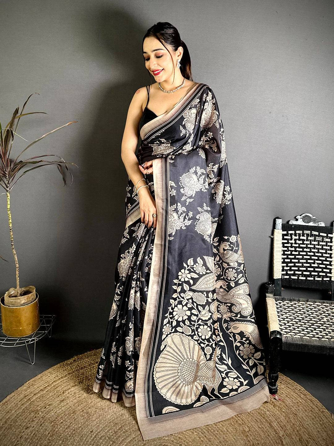 Classic Black Kalamkari Print Tussar Saree