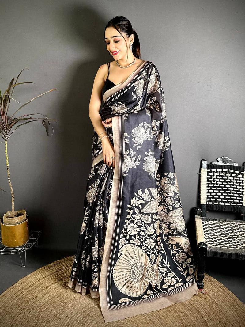 Classic Black Kalamkari Print Tussar Saree