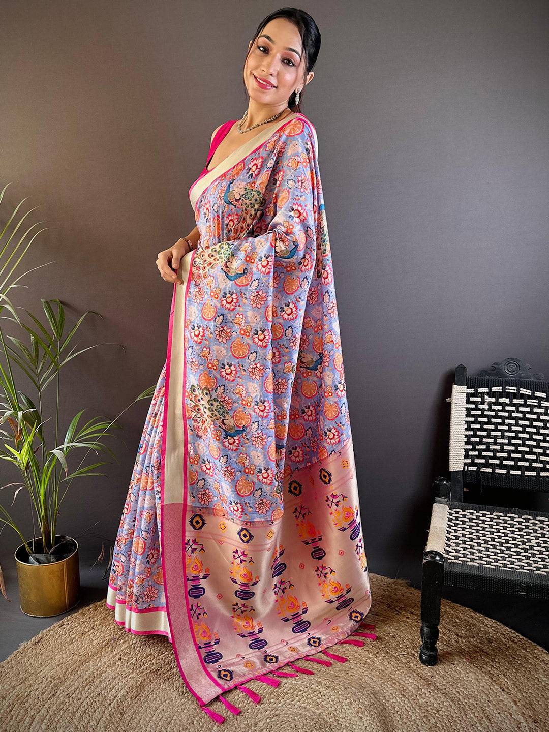 Lavender Blossom Phulkari Silk Saree