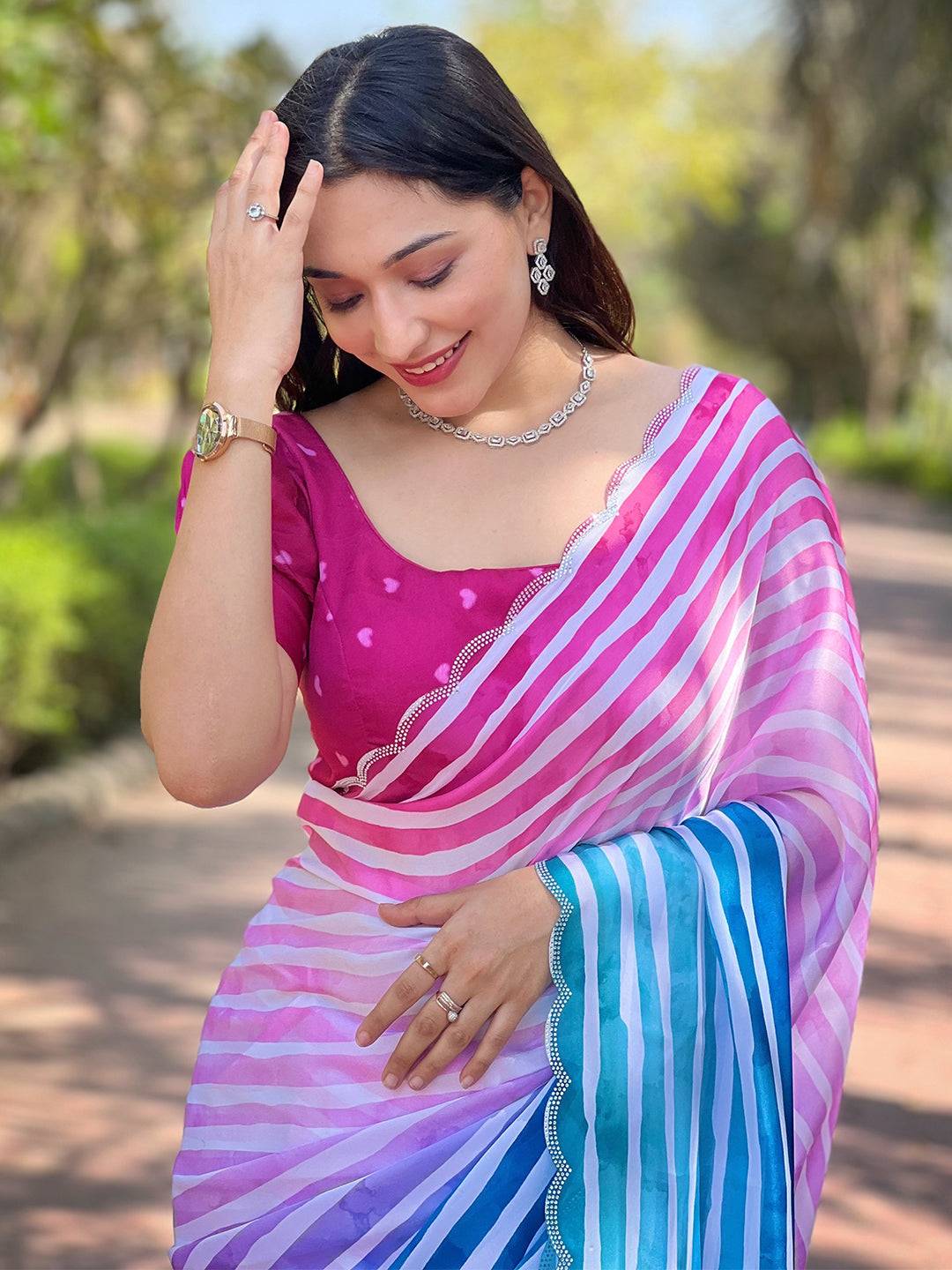 Stylish Stripted Leheriya Saree in pink and blue hues