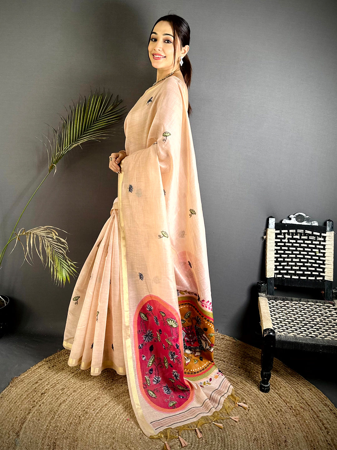 Heritage Pichwai Resham Work Linen Saree