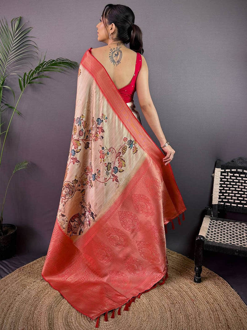 Beige Cherry Satin Kalamkari Saree