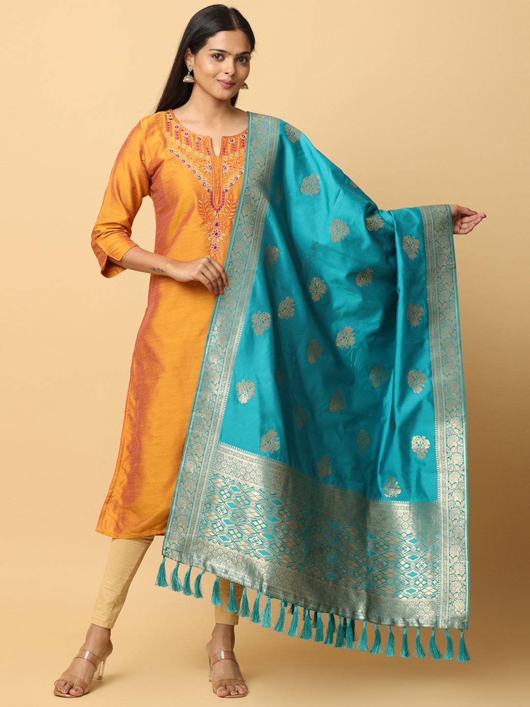 Rama silk blend dupatta with woven design and resham tassels
