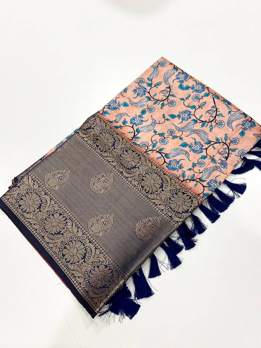 Off White Floral Printed Banarasi Silk Saree