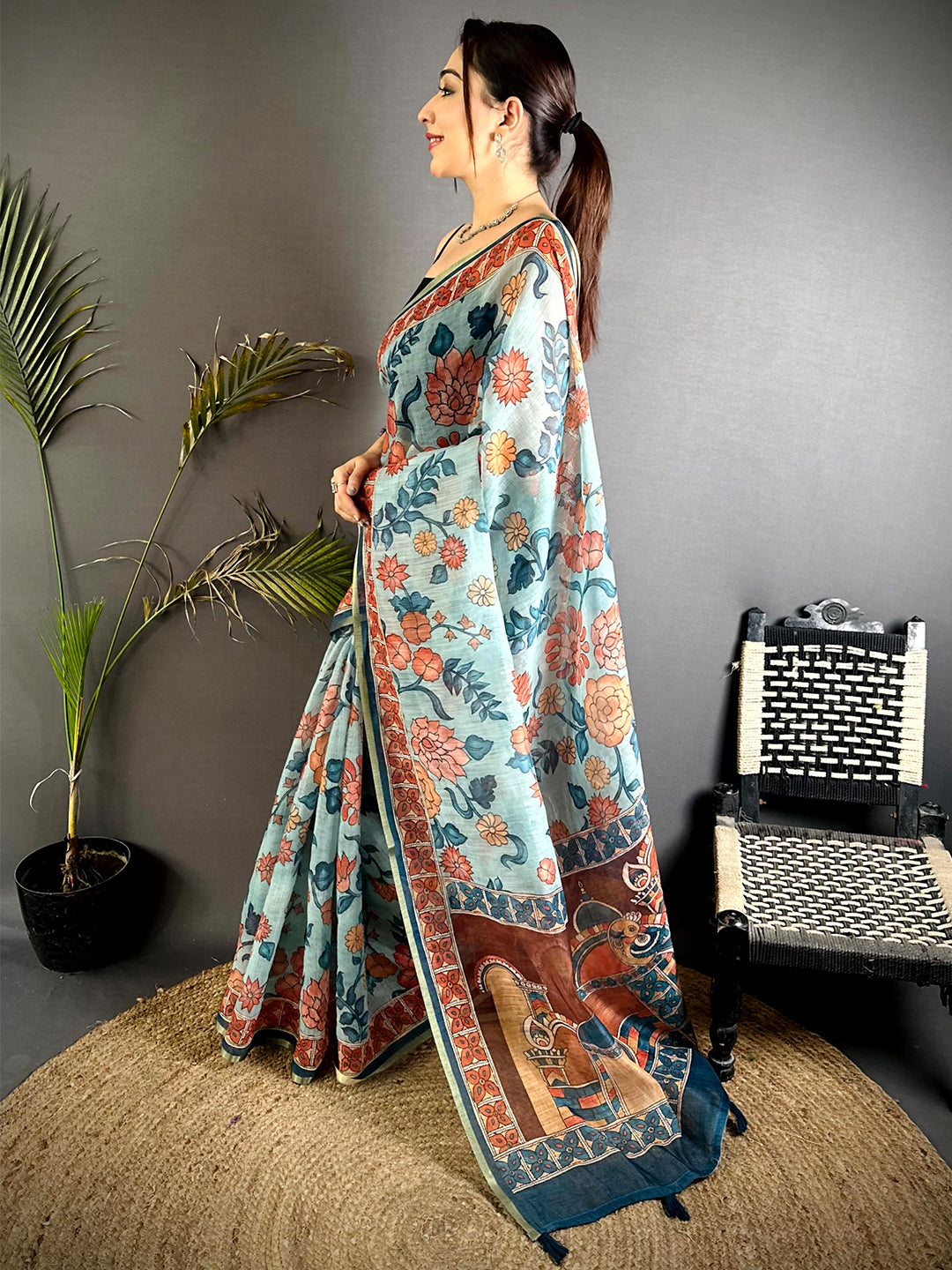 Classic Floral Kalamkari Soft Linen Saree