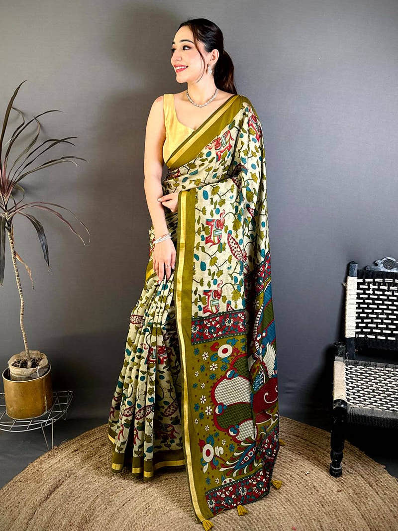 Royal Mul Cotton Elephant Kalamkari Print Saree