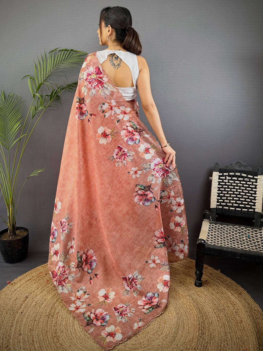 Peach Kota Doriya Floral Cut Work Saree