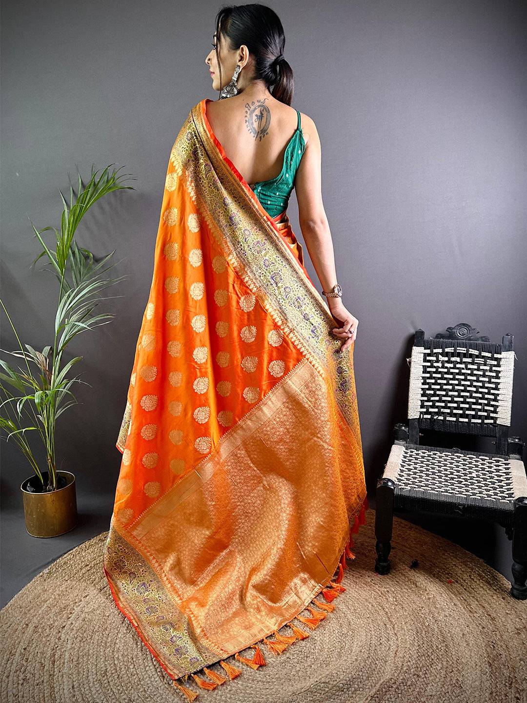 Orange Banasari Silk Saree With Zari Weaving