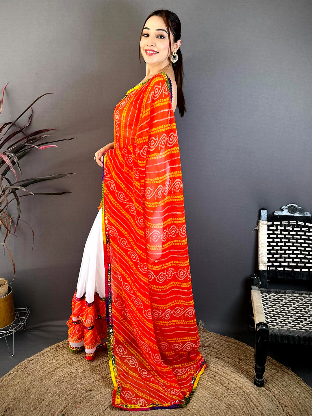 Stylish Bandhej Print Ruffle Georgette Saree