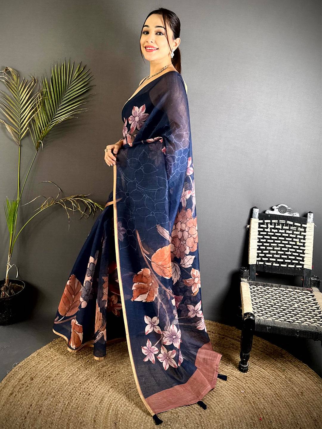 Classic Navy Floral Linen Saree