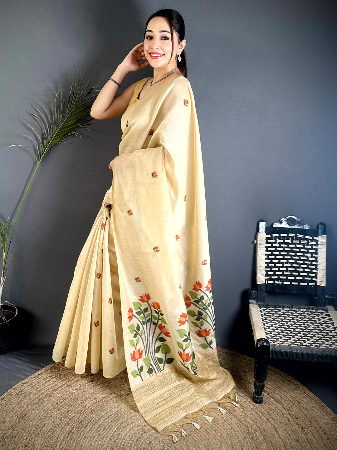 Cream Ghicha Minakari Weave Saree