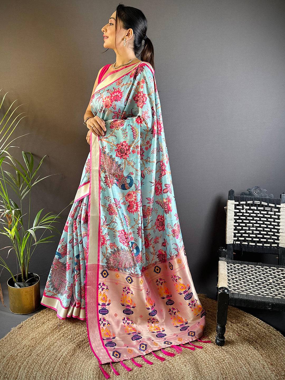 Azure Blue Phulkari Silk Saree