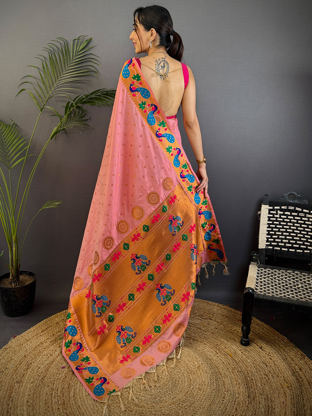 Peach Yeola Paithani Soft Silk Saree