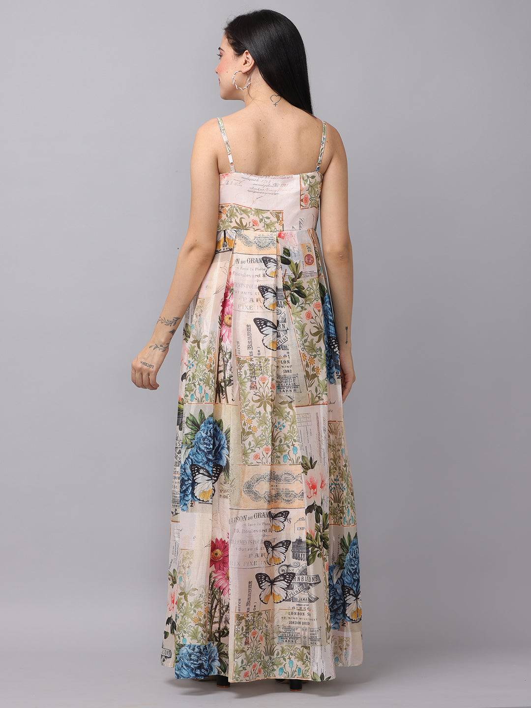 Back view of multi color dress with floral design