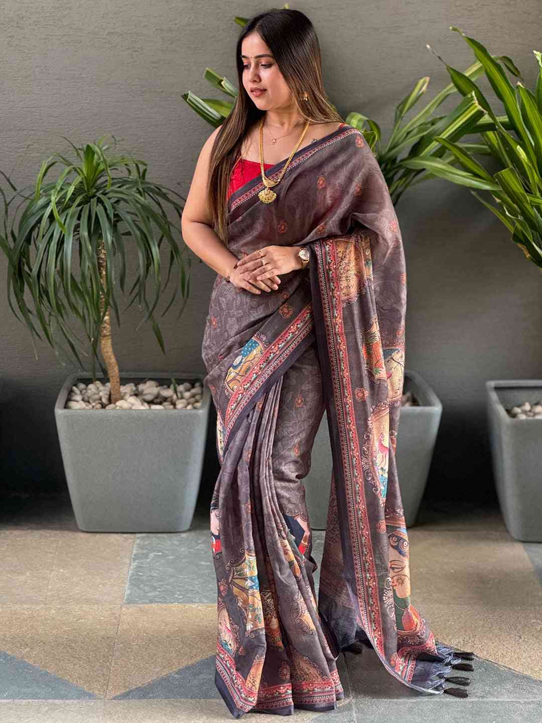Traditional grey linen saree featuring digital print