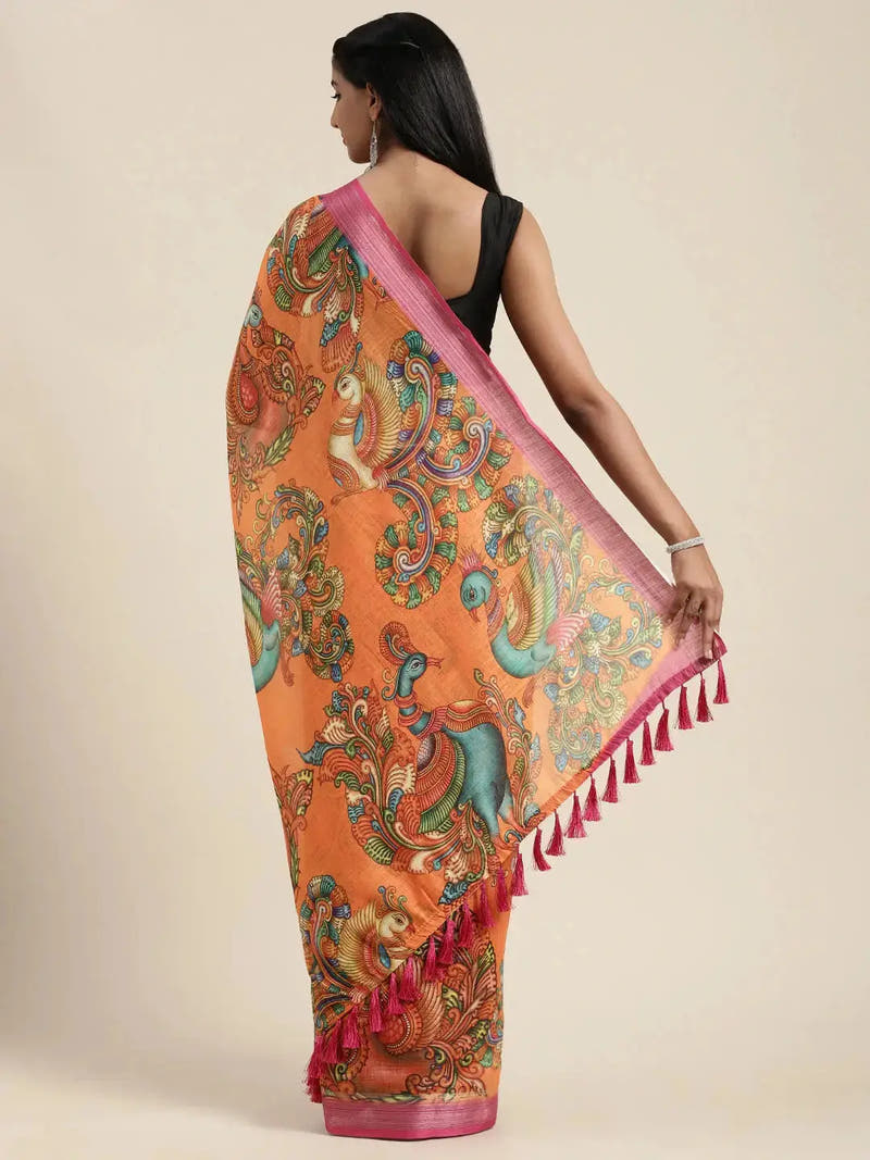 Kalamkari Print Saree With Zari Border